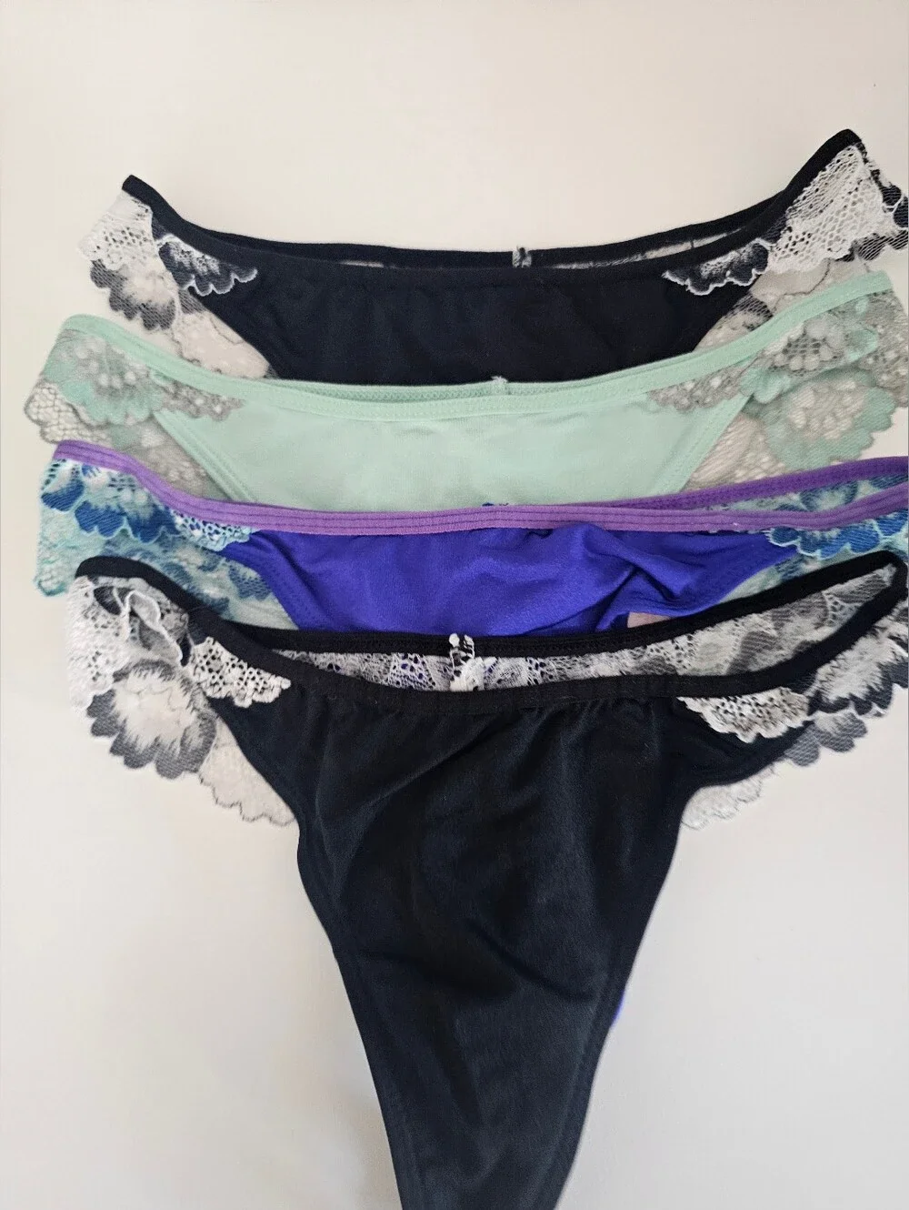 Candie's Lace-Trim Thong Set - Black, Mint, Purple